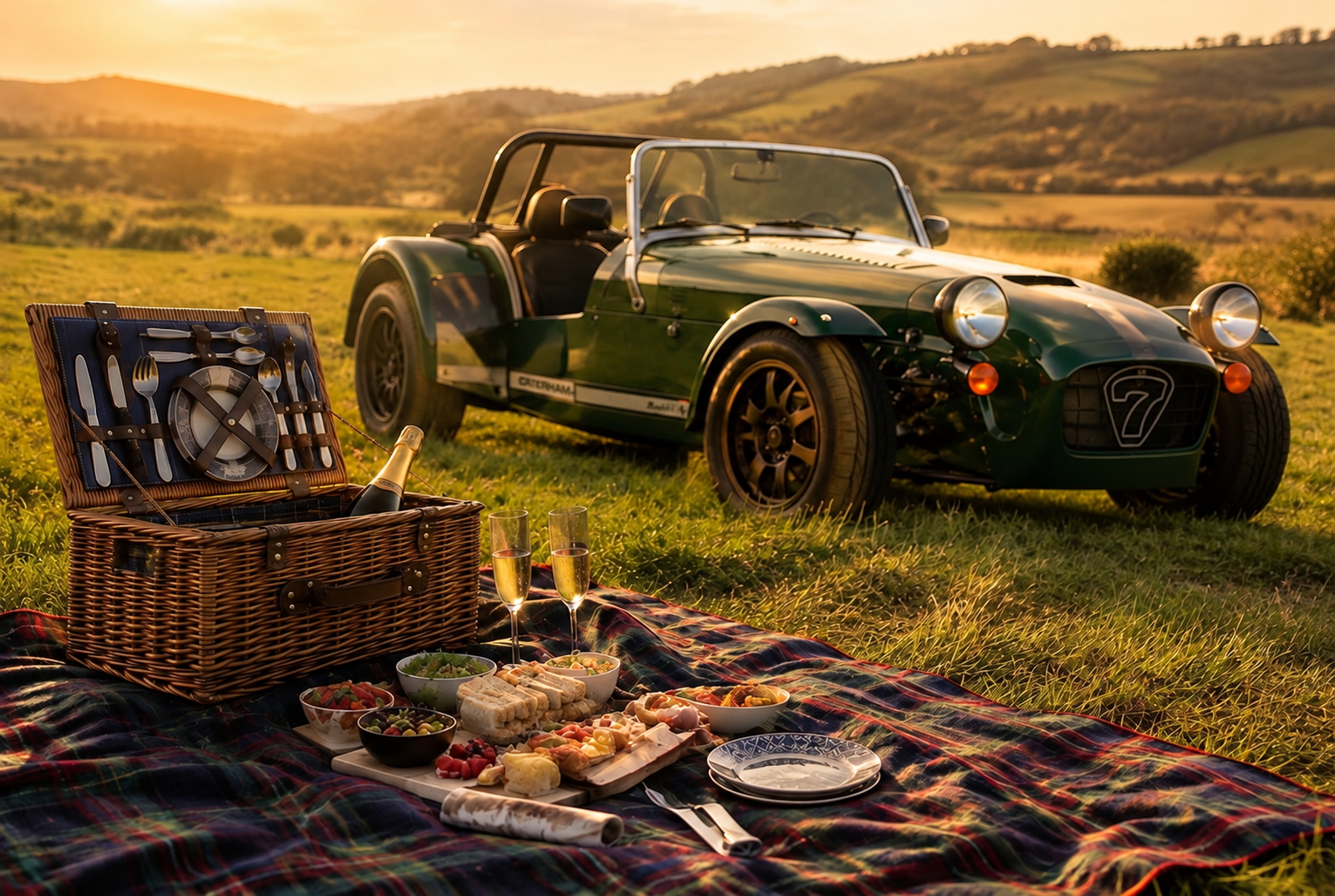 Champagne picnic beside a green Seven-style sports car