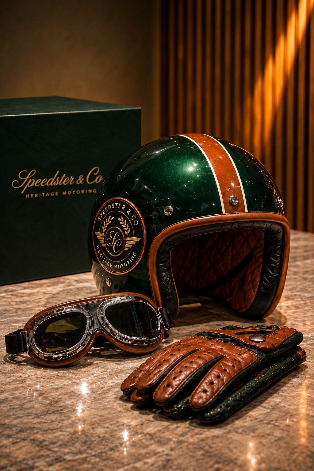Speedster & Co helmet with goggles, gloves and Heritage Motoring box