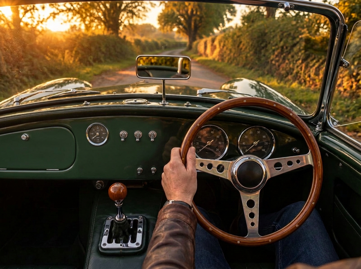 A driver's hand on the wooden steering wheel of a right-hand-drive classic Cobra-style V8 roadster, chrome dials and gearstick to the left, a country lane in golden evening light